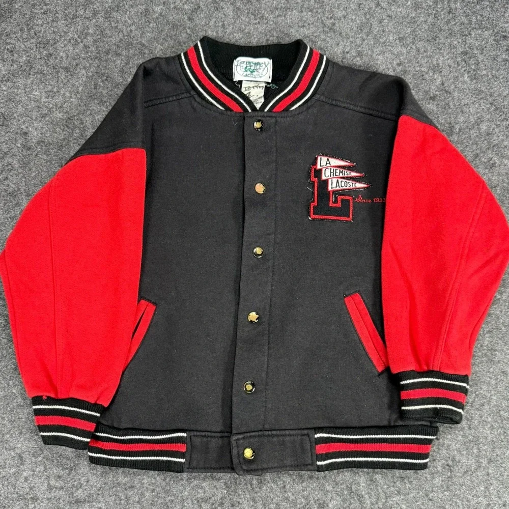La Chemise Lacoste Varsity Jacket Size 7 Kids Black Red 1933 Retro‎